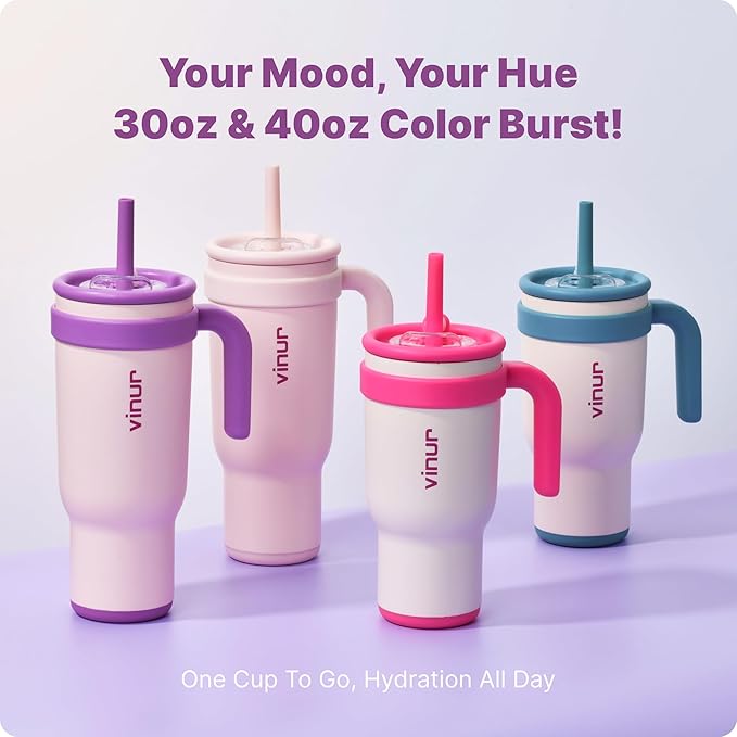 VINUR Tumbler with Handle-30 oz Stainless Steel Double Wall Vacuum Insulated Tumbler with Lid and Straw, Leak Proof Water Cup for Travel