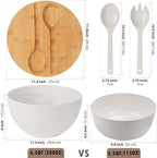 11.3" Extra Large Salad Serving Bowl Set with Wooden Lid&Utensils, 6.5Qt., Bamboo Fiber Salad Bowl with Servers for Kitchen, Lightweight Big Bowl for Mixing Salad,Fruit,Pasta - Matte White