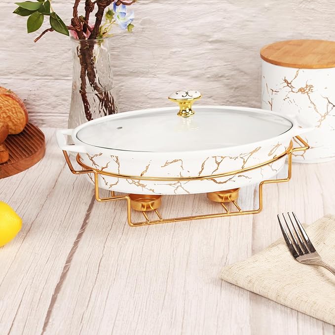 12" x 8" Ceramic Casserole Baking Dish With Glass Cover and with Golden Rack, Lasagna Pan Deep for Oven, 1.7 Quarts Baking Pan with Handles, Oven Safe & Durable Bakeware for Home Decor