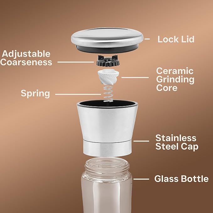 Premium Stainless Steel Sea Salt and Pepper Grinder Set of 2 - Adjustable Ceramic - Tall Glass Salt and Pepper Shakers - Pepper Mill & Salt Mill W/Funnel (2.6"W x 7.5"H)