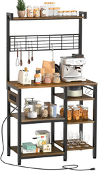 Large Bakers Rack with Power Outlet and Storage Space, 5-Tier Microwave Stand with Shelves, Multifunctional Kitchen Storage Rack with 7 Hooks,Coffee Bar Station, Rustic Brown