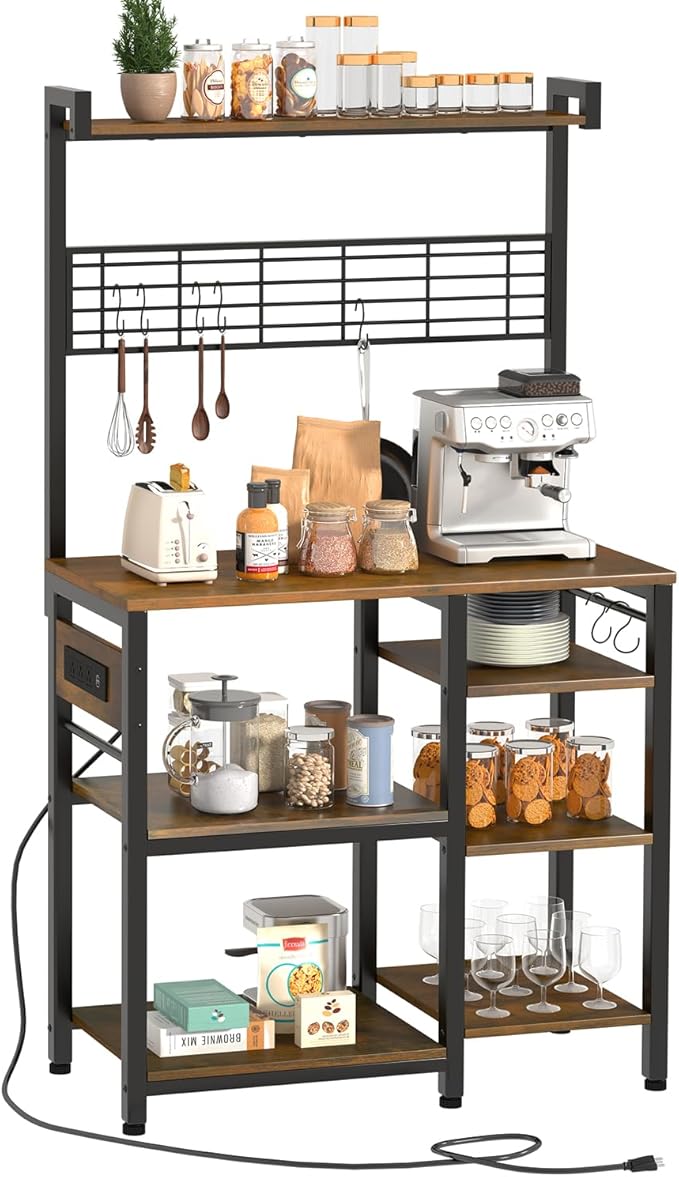 Large Bakers Rack with Power Outlet and Storage Space, 5-Tier Microwave Stand with Shelves, Multifunctional Kitchen Storage Rack with 7 Hooks,Coffee Bar Station, Rustic Brown