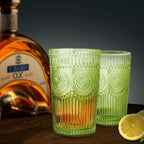 6pcs Vintage Drinking Glasses Set, 12 oz Green Highball Glasses, Embossed Ribbed Glassware Cups for Cocktail, Water, Juice, Coffee, Whiskey