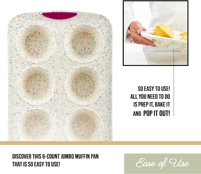 Trudeau Structure White Confetti 6-Cup Jumbo Muffin Pan – Premium Steel-Reinforced Silicone Bakeware, Nonstick BPA-Free Cupcake & Muffin Mold – Oven, Freezer & Dishwasher Safe