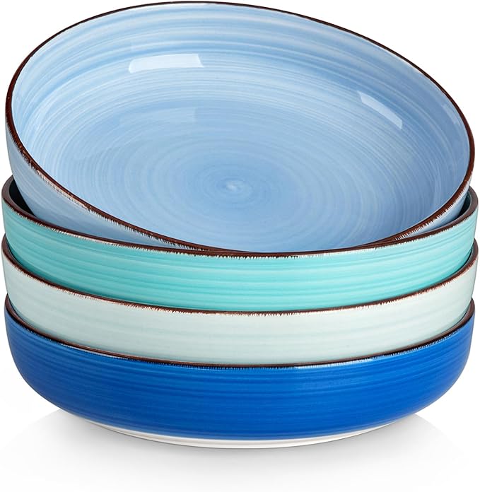 vancasso Pasta Bowls Set of 4, 46 oz Ceramic Salad Serving Bowls and Soup Bowls, Microwave Safe Pasta Plates, Large Shallow Kitchen Dishes, Bonita Series - Blue