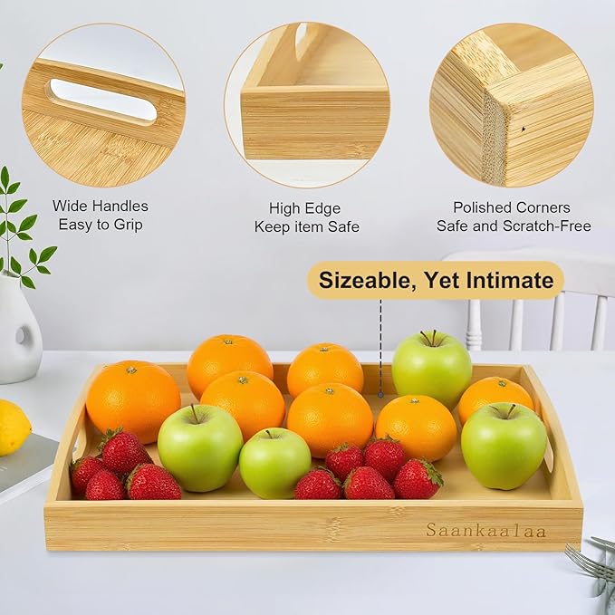Bamboo Serving Tray with Handles Set of 2, Elegant Wood Tray for Serving Food, Coffee, or Decoration- Suitable for Living Room, Kitchen, Bedroom, Bathroom and BBQ, Picnic