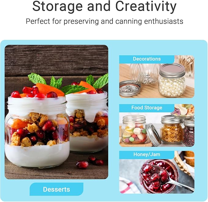 8 oz Glass Mason Jars, 24 Pack Regular Mouth Glass Canning Jars with Silver Aluminum Lids and Bands, Airtight Jam Jars for Food Storage, Pickling, Fermenting, Honey, Jelly, DIY Candles Decor