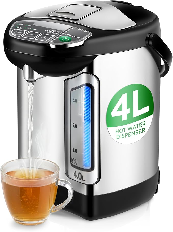 NutriChef Electric Water Boiler and Warmer - 4L/4.2Qt Stainless Steel Electric Hot Water Dispenser w/Rotating Base, Auto Shut Off, Safety Lock, Instant Heating for Coffee & Tea (NCHUB24)