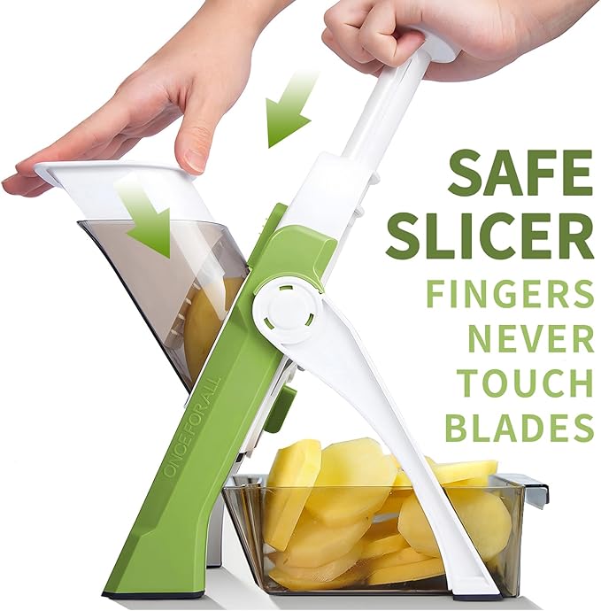 ONCE FOR ALL Safe Mandoline Slicer, Multi Vegetable Chopper, Potato Slicer for Kitchen, 4 Modes 100+ Presets Adjustable Thickness, French Fry Cutter (5 in 1 Green)