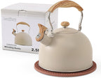 LONFFERY Tea Kettle for Stove Top, 2.5 Quart Whistling Tea Kettle, with Food Grade Stainless Steel and Wood Pattern Folding Handle, Creamy White