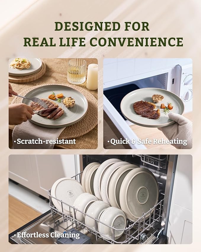 Famiware Meteor Plates and Bowls Sets for 4, 12 Pieces Dinnerware Sets, Microwave and Dishwasher Safe Dishes Set, Matcha Green