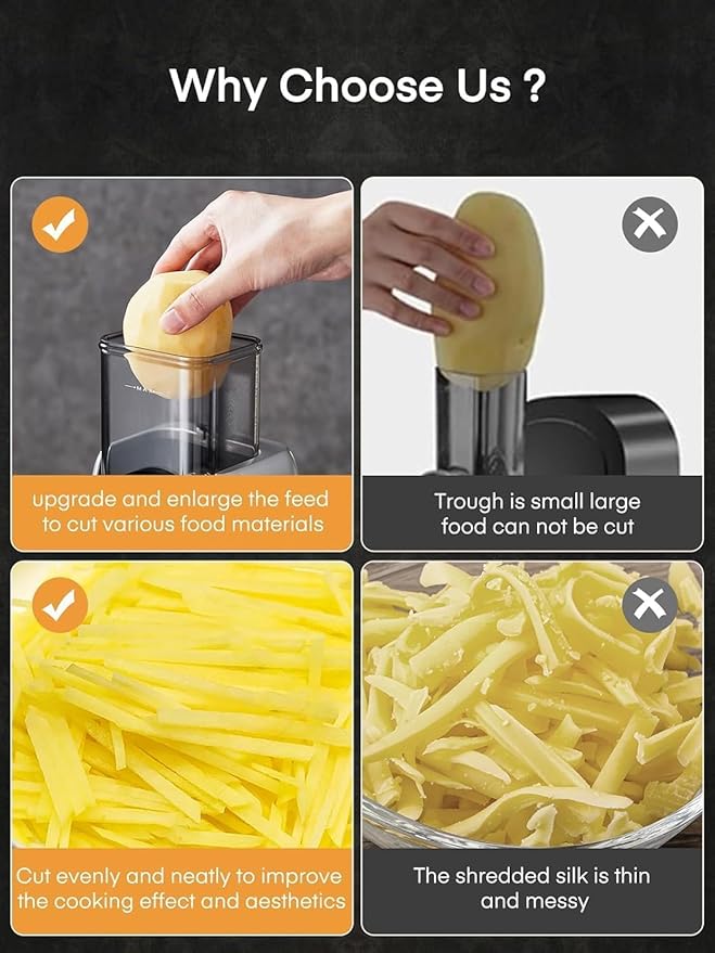 FOHERE Electric Cheese Grater, Upgraded 6-IN-1 Large Feed Chute Electric Vegetable Slicer with Different Blades and Storage Box, Cheese Shredder, Electric Slicer for Cheese, Fruits, Vegetables