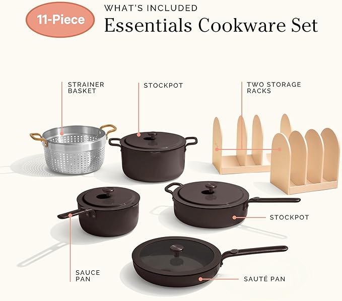 Our Place 11-Piece Essentials Complete Cookware Set - Ceramic Fry Pan, Saucepan, Sauté Pan, Stock Pot, Strainer Basket & Rack Storage | Thermakind™ Nonstick, Oven Safe up to 450°F | Char