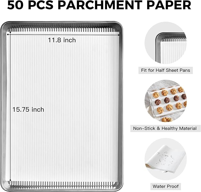 HONGBAKE Aluminum Cookie Sheets for Baking, 2-Pack Commercial Quality Half Sheet Pan, Baking Sheets Non Stick with 50 PCS Parchment Paper, 12.8 x 17.7 in, Silver