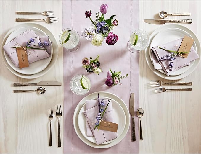 Solino Home Linen Table Runner 48 Inches - 100% Pure Linen Lilac Hemstitch Table Runner 14 x 48 Inch Ideal for Dresser and Coffee Tables - Summer - Classic Hemstitch