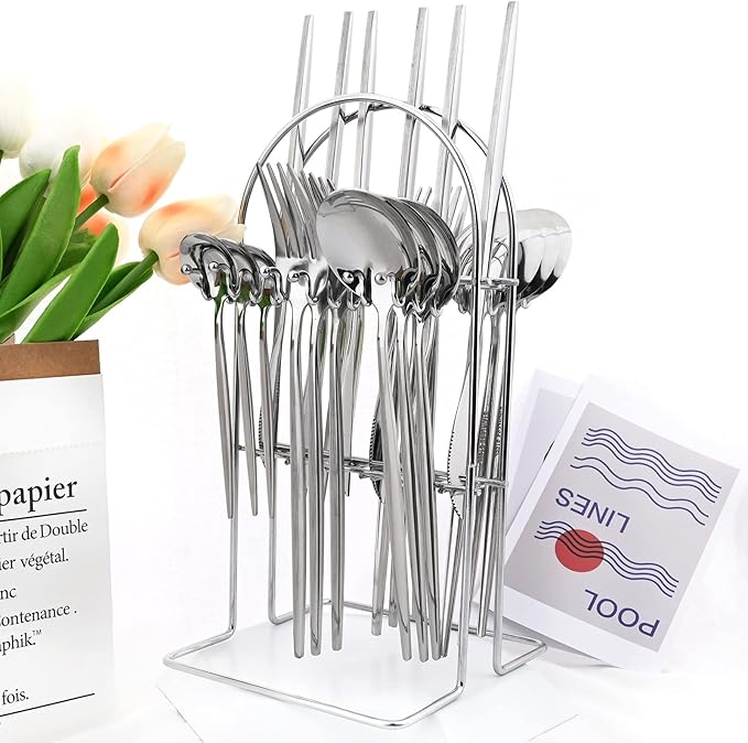 24-Piece Mirror Silver Cutlery Set, Snplowum Stainless Steel Flatware Hanging Tableware Silverware Set Include Knife/Fork/Spoon/Teaspoon and Storage Rack For Daily Use, Service For 6