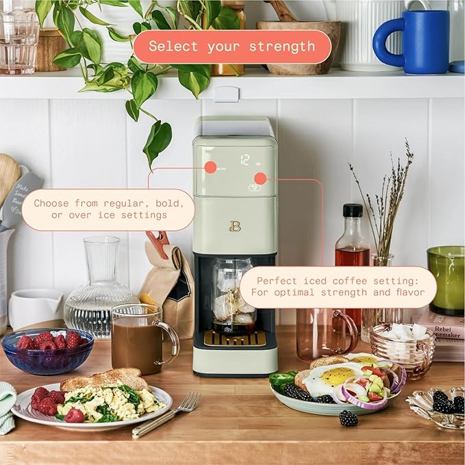 Beautiful Perfect Grind Programmable Single Serve Coffee Maker with Touch-activated Display, Programmable and Integrated Burr Grinder, 64oz Water Reservoir (Sage Green)