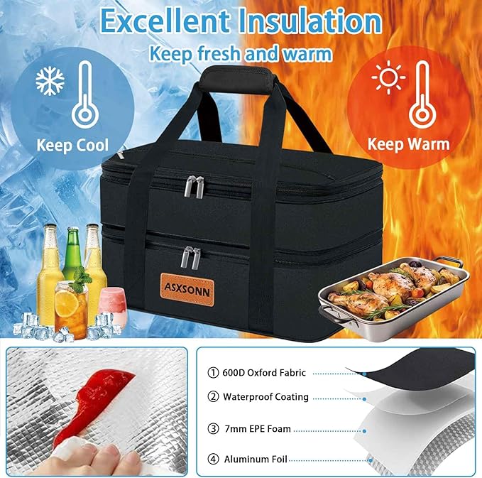 Double Decker Insulated Casserole Carrier for Hot or Cold Food, Expandable Insulated Food Carrier for Parties, Picnic, Beach, Fits 9"x13" Baking Dish (Black)