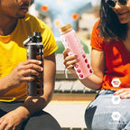 MUKOKO 24oz Glass Water Bottle with 2 Lids-Handle Flip Lid&Bamboo Straw Lid,Motivational Water Tumbler with Time Marker Reminder and Silicone Sleeve, Leakproof-Pink