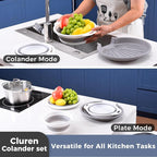 Collapsible Colander Set with Universal Draining Tray | 3-Pack Foldable Kitchen Strainers + Base | Space Saving for Pasta, Veggies, Fruit & Rice | 5 Colors (Gray-White)