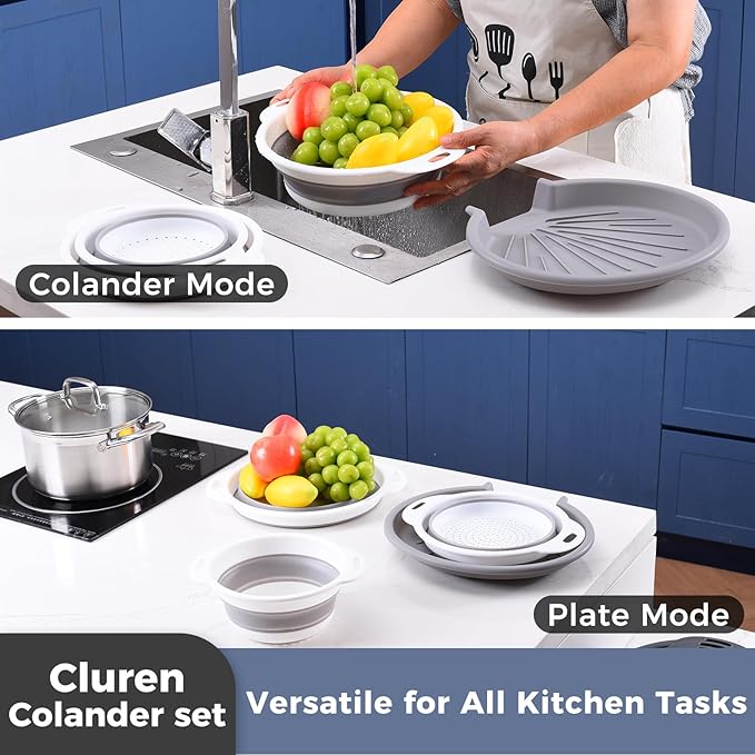 Collapsible Colander Set with Universal Draining Tray | 3-Pack Foldable Kitchen Strainers + Base | Space Saving for Pasta, Veggies, Fruit & Rice | 5 Colors (Gray-White)