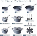 PRICUSIS Ceramic Pots and Pans Set Nonstick, 21Pcs Nontoxic Induction Cookware Set, 100% Dishwasher Safe, Stay Cool Handle, Fully Coated, PTFE PFOA & PFAS Free (Blueberry Gray）