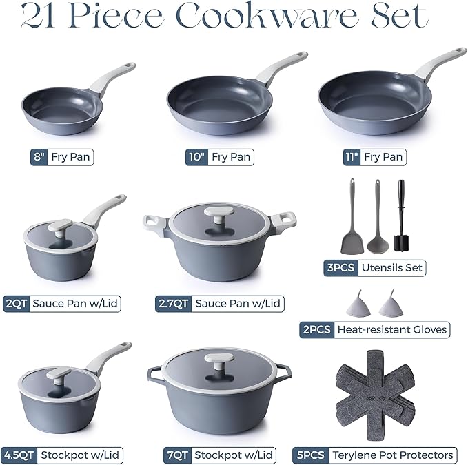 PRICUSIS Ceramic Pots and Pans Set Nonstick, 21Pcs Nontoxic Induction Cookware Set, 100% Dishwasher Safe, Stay Cool Handle, Fully Coated, PTFE PFOA & PFAS Free (Blueberry Gray）