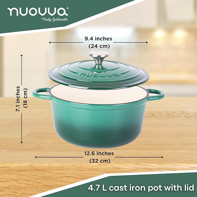 Cast Iron Dutch Oven with Lid – Non-Stick Ovenproof Enamelled Casserole Pot – Sturdy Dutch Oven Cookware – Dark Green, 5-Quart, 24cm – by Nuovva