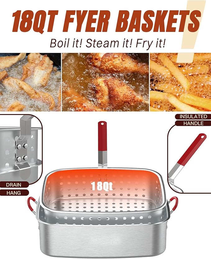 Deep Fryer Pot 18QT | Fish Fryer Pot with Basket | Heat-Resistant Silicone Handles | Lid & Fryer Tong & Thermometer | Outdoor Fryer Pot for Frying Fish, French Fries, Chicken Wings | Foldable Aluminum