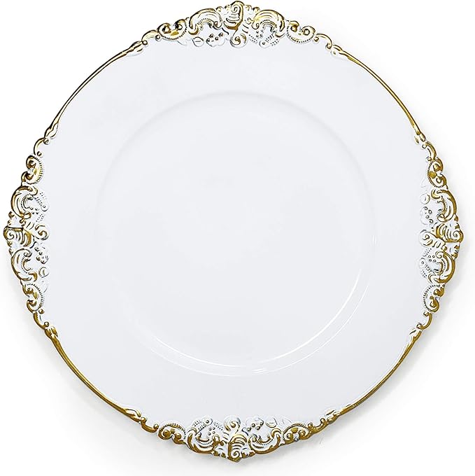 allgala 13-Inch 6-Pack Heavy Quality Round Charger Plates-Floral White Gold Trim-HD80341