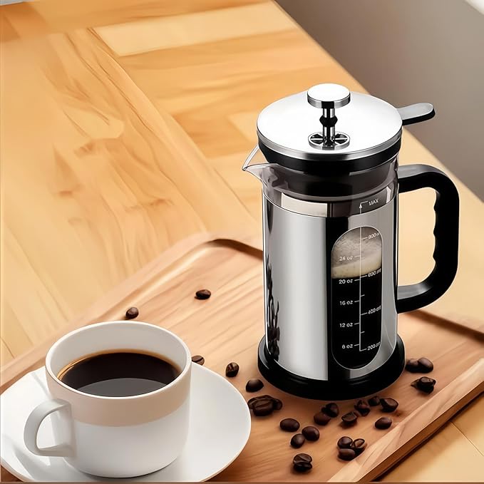 Camping 34oz French Press Coffee & Tea Maker - Heat Resistant Borosilicate Glass, Stainless Steel Outer, Press On Lid, Portable Travel Design, BPA Free