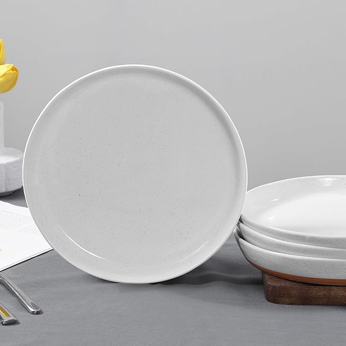 4 Piece Stoneware Plate Sets, White Ceramic Dinner Plates, 10 Inch Modern Porcelain Serving Plates, Scratch Resistant, Microwave&Dishwasher Safe,White(Brown Bottom)