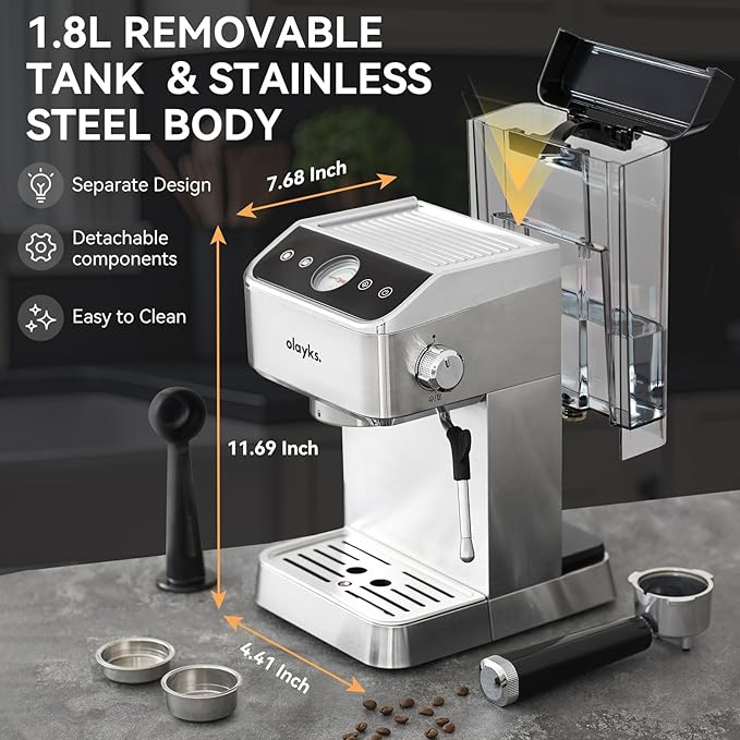 Espresso Machine 20 Bar, Brush Stainless Steel Espresso Maker with Milk Frother Steam Wand, 1400W Espresso Coffee Machine with 1.8L Removable Water Tank for Latte, Cappuccino,Machiato