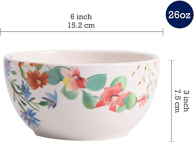 Bico Summer Provence Cereal Bowls Set of 4, 26 oz Deep Ceramic Soup Bowls for Cereal, Salad, Noodles, Kitchen, Microwave and Dishwasher Safe, Gift for Housewarming and Thanksgiving