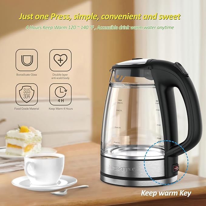 Glass & Stainless Steel Cordless Electric kettle for boiling water, Hot water boiler Electric Tea Kettle automatic shut off Boil-Dry Protection, PC Outer + Glass Inner, 1500W, 1.7L, BK