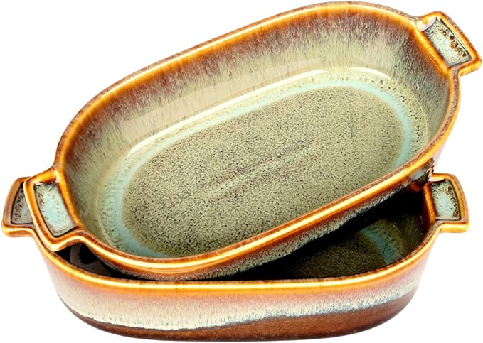 8"x5" Oval Casserole Dish Set of 2, 22.7 oz Ceramic Au gratin Baking Dish, Baking Pan with Handles or for mixing, salad, pasta plate, Best gift for those who love baking, Microwave, Oven safe