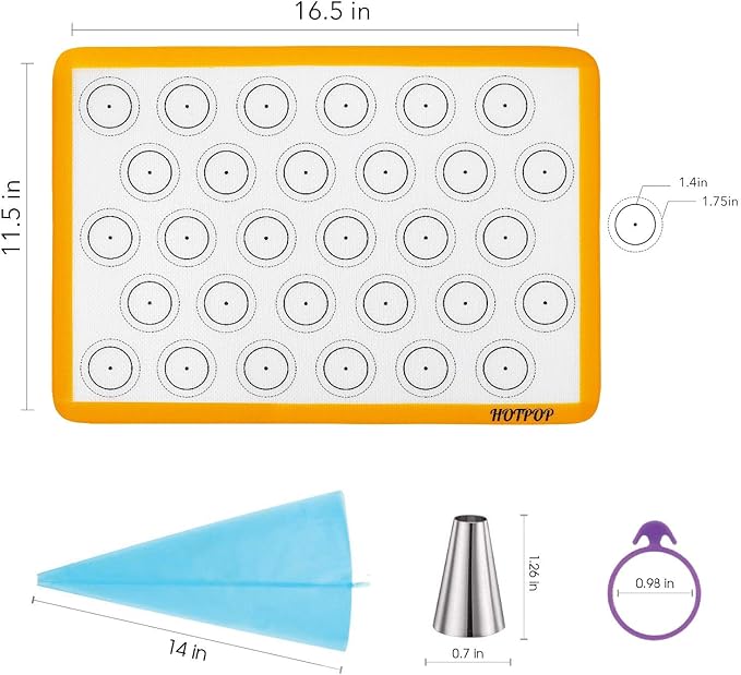 HOTPOP Piping Bags and Tips Set for Macarons - 17-Piece Baking Supplies Kit - Reusable Silicone Pastry Bags - 2 Half-Size Baker Mats - Ideal for Home Pastry Baking (16.5"x11.5")