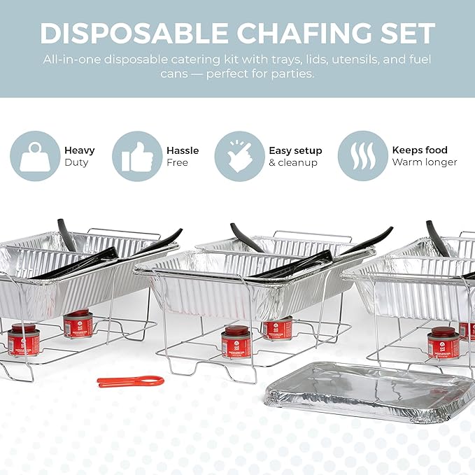 Large Full Size 33-Pcs Disposable Chaffing Buffet with-Covers, Utensils, Fuel Cans – Premium Chafing Dish Set for Events, Parties, Catering