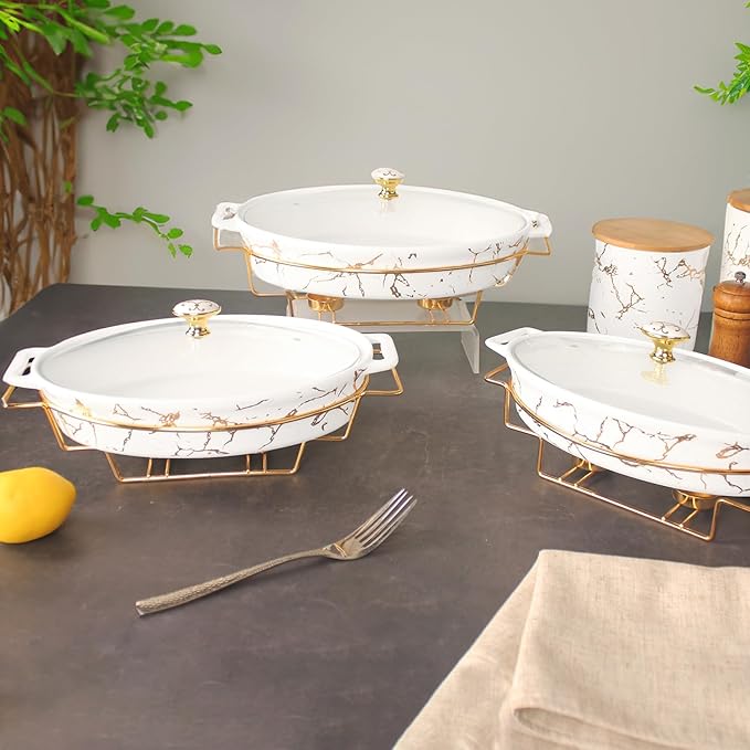 12" x 8" Ceramic Casserole Baking Dish With Glass Cover and with Golden Rack, Lasagna Pan Deep for Oven, 1.7 Quarts Baking Pan with Handles, Oven Safe & Durable Bakeware for Home Decor