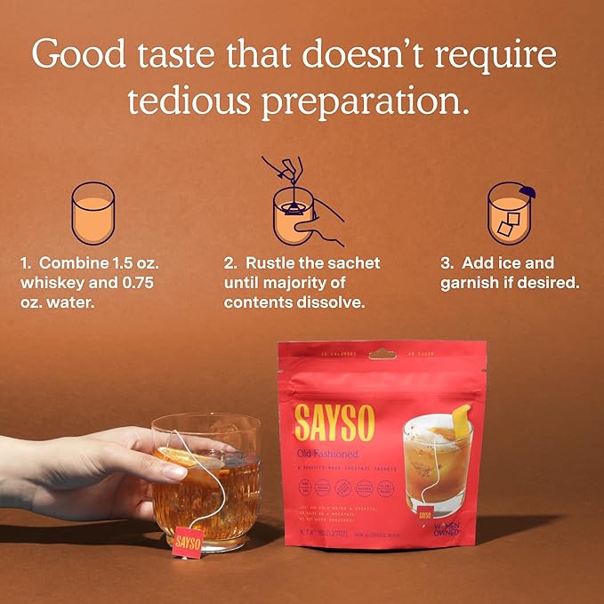 SAYSO Old Fashioned Original Craft Cocktail Tea Bag | Under 1 Min (With Bitters & Orange) | Steep in Whiskey & Cold Water |Organic, Certified Gluten-free & Non-GMO| (<4G Sugar, 15 Calories), 8 count
