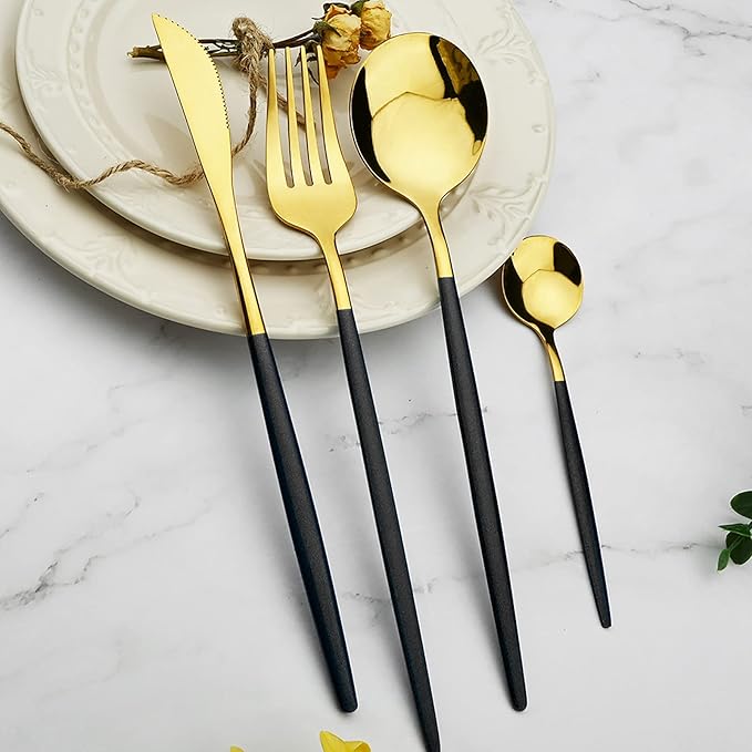 36-Pieces Silverware Mirror Polished Dinnerware Gold Flatware With Black Handle, 18/0 Stainless Steel Cutlery Set For Home Kitchen Party Hotel Restaurant Wedding Service for 6