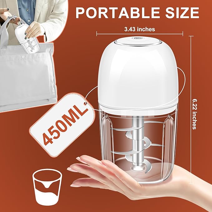 450ML Electric Garlic Chopper, Mini Portable Food Processor, Garlic Grinder Masher for Onion, Ginger, Chili, Fruit, Vegetable, Meat