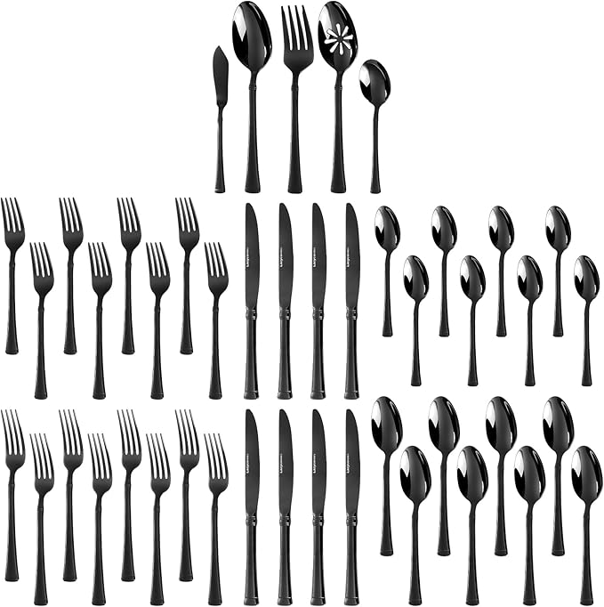 Heavy Silverware Set,45 Piece Black Flatware Set with Serving Utensils,18/10 Stainless Steel Cutlery Set for Kitchen,Home,Wedding,Mirror Polished,Dishwasher Safe