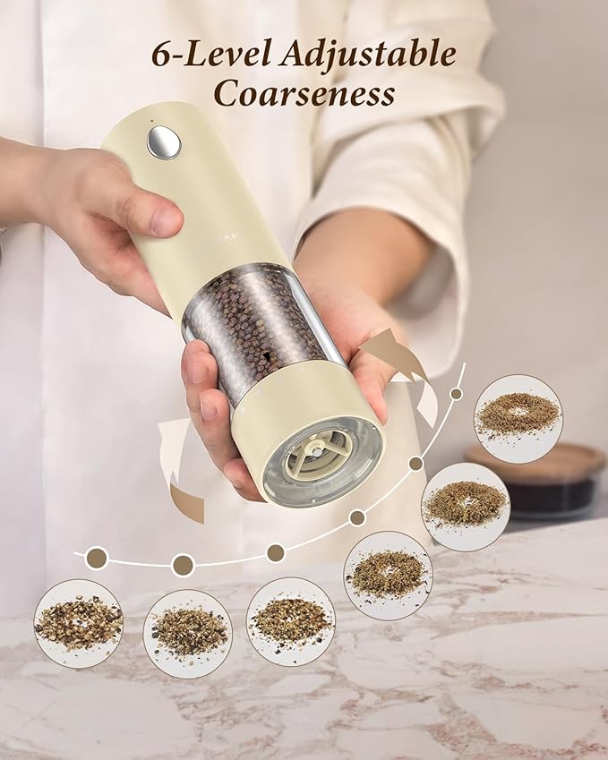 Electric Salt and Pepper Grinder Set - Automatic Refillable Salt and Pepper Grinders with Charging Base & LED Light, 6-Level Adjustable Coarseness with External Dial, Ideal Kitchen Gadget，Beige