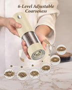Electric Salt and Pepper Grinder Set - Automatic Refillable Salt and Pepper Grinders with Charging Base & LED Light, 6-Level Adjustable Coarseness with External Dial, Ideal Kitchen Gadget，Beige