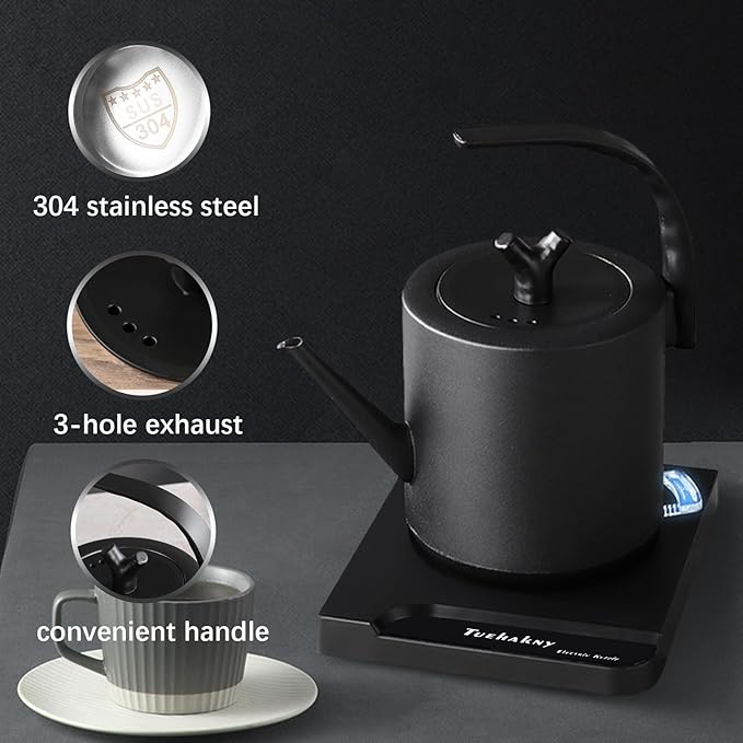 1.0L Gooseneck Electric Kettle - 304 Stainless Steel, 800W Fast Boiling with Auto Shut-Off, Precision Pour Over Kettle for Coffee & Tea, BPA-Free Matte Black Design, For Kitchen, Home, Office