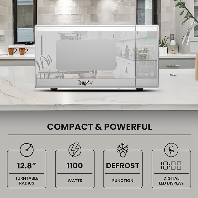 Total Chef Compact Countertop Microwave Oven, 1100W, 1.3 Cubic Feet Capacity, Digital Touchscreen Controls, One-Touch Push-Button Opening, 6 Pre-Set Cooking Modes, Silver Stainless Steel