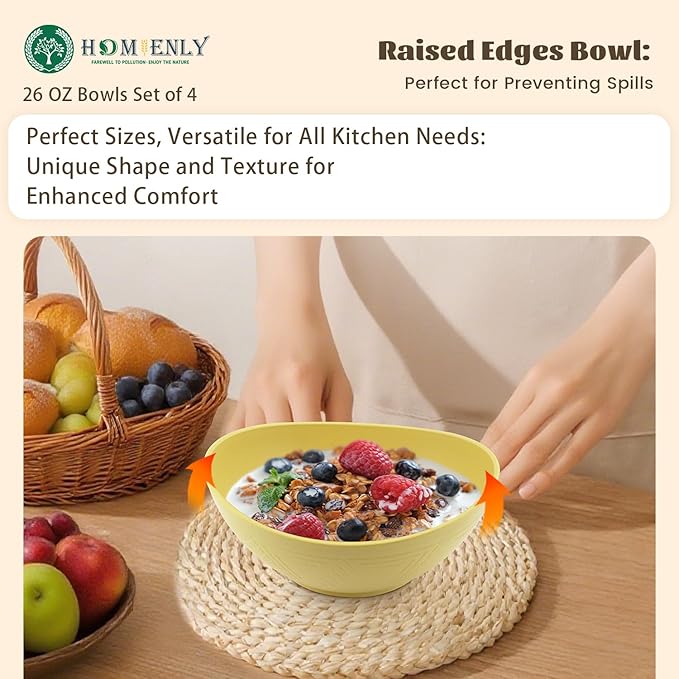Homienly Wheat Straw Bowls Set Serving Bowls Plastic Bowls Reusable 26oz Microwave & Dishwasher Safe Cereal Bowls Unbreakable for Cereal,Salad,Fruit,Soup Bowls- Modern Color