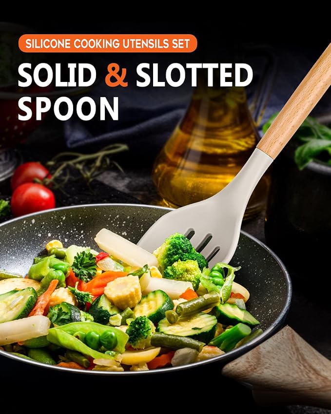 Large Silicone Cooking Spoons, 2 Pack Nonstick Solid and Slotted Wooden handle Spoon Set, Heat Resistan Silicone Kitchen Spoons for Cooking, Serving, Basting, Mixing (Khaki)