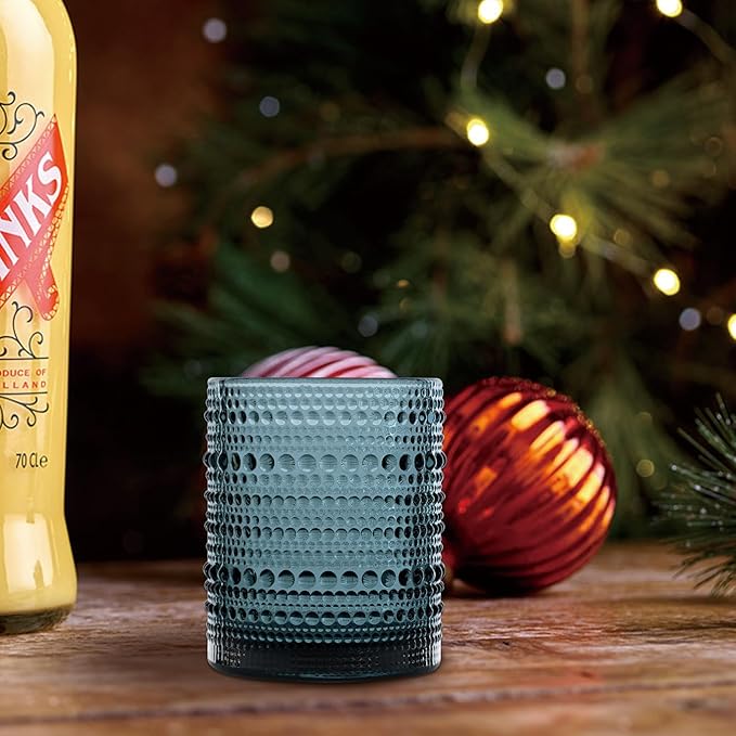 Hobnail Drinking Glasses Set of 6, Vintage Colored Glassware 11oz, Beverage Glass Cups for Water, Juice, Cocktail (Blue)